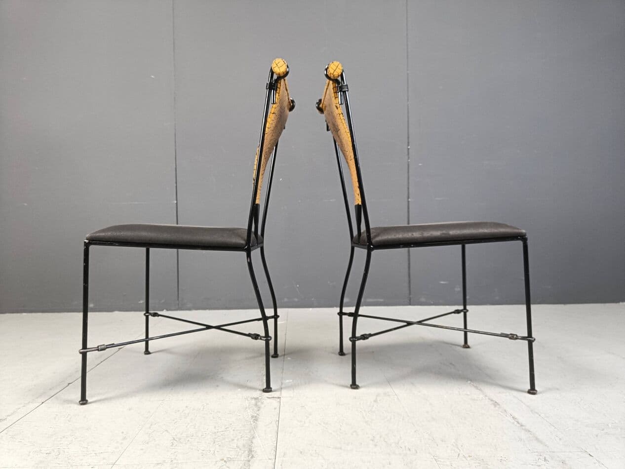 Set of Six Postmodernist Chairs, black metal, golden wood, Belgium, 1970s. - 271582
