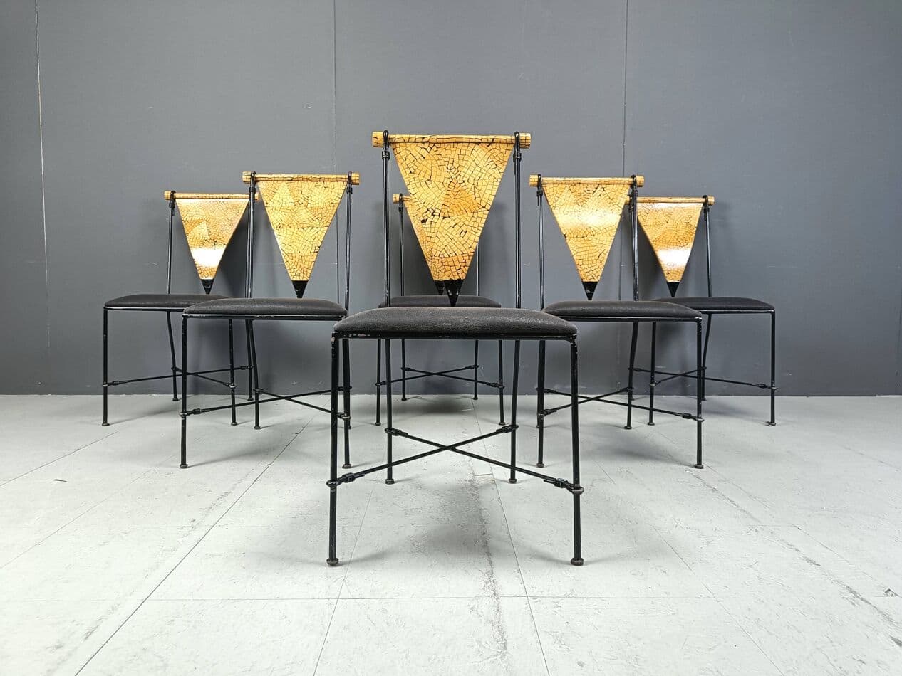 Set of Six Postmodernist Chairs, black metal, golden wood, Belgium, 1970s. - 271588