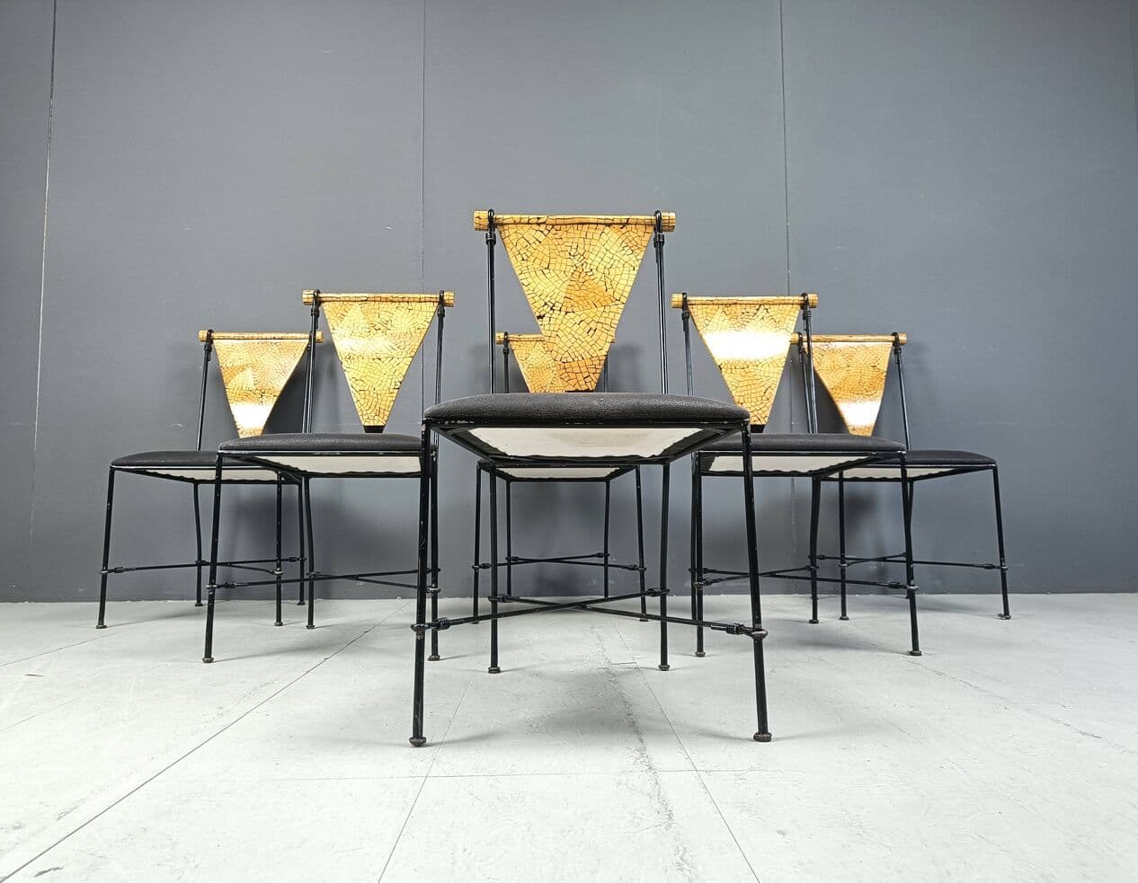 Set of Six Postmodernist Chairs, black metal, golden wood, Belgium, 1970s. - 271589