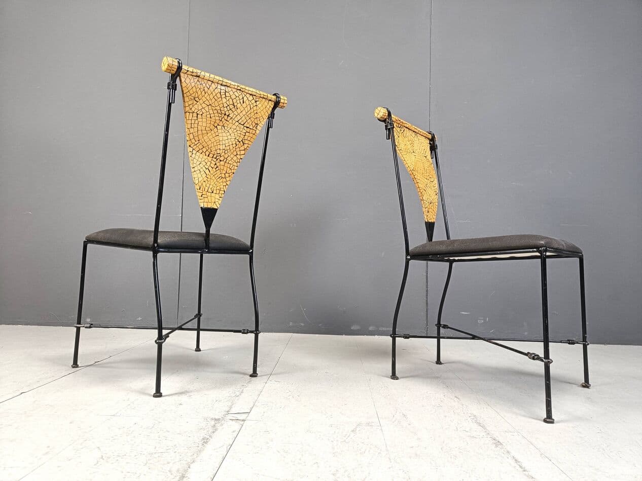 Set of Six Postmodernist Chairs, black metal, golden wood, Belgium, 1970s. - 271581