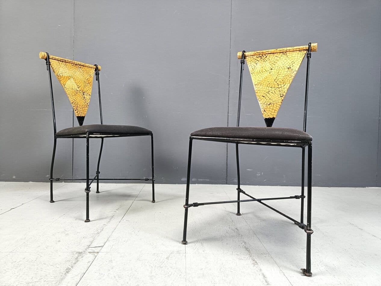 Set of Six Postmodernist Chairs, black metal, golden wood, Belgium, 1970s. - 271593