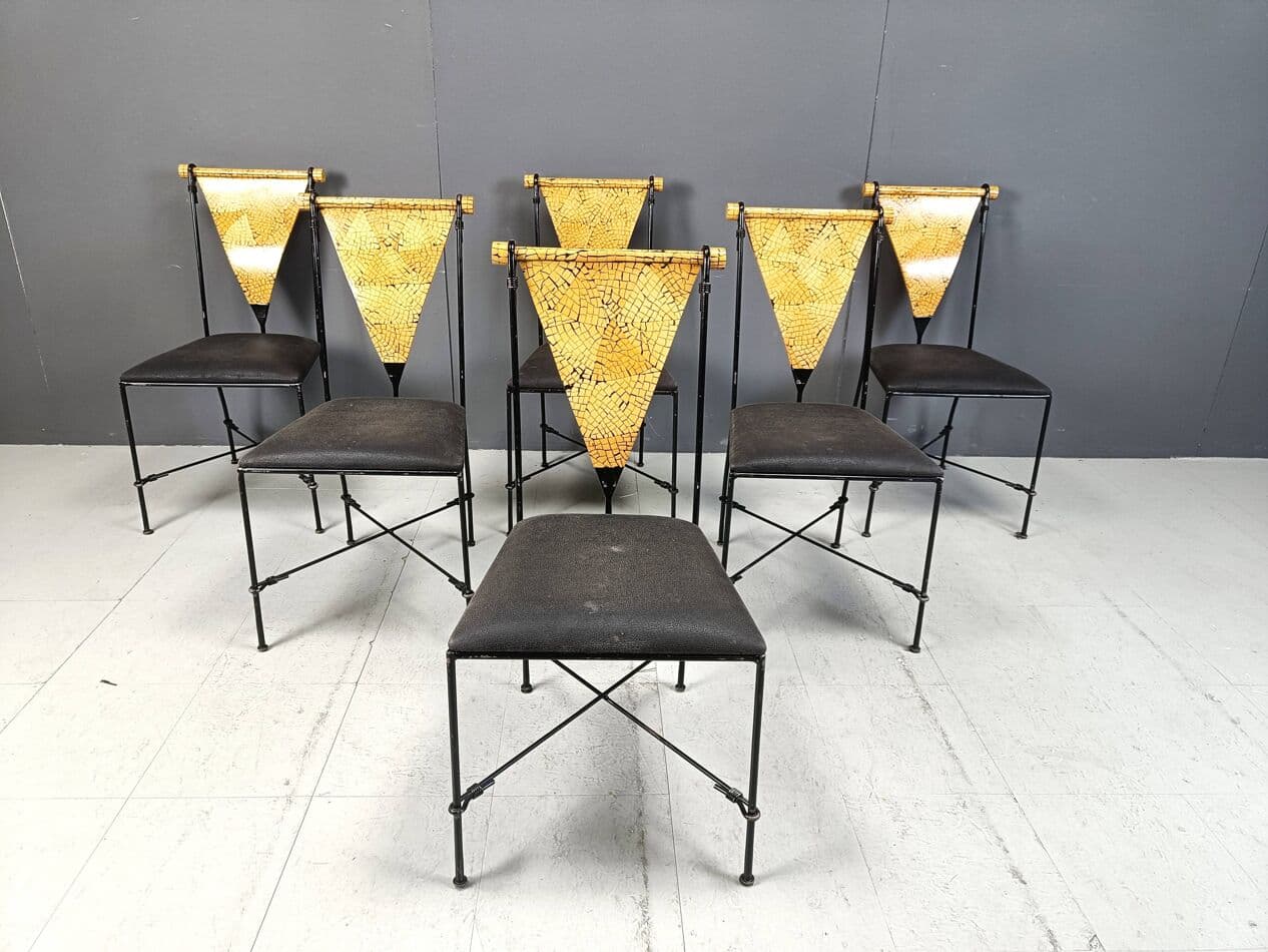 Set of Six Postmodernist Chairs, black metal, golden wood, Belgium, 1970s. - 271586
