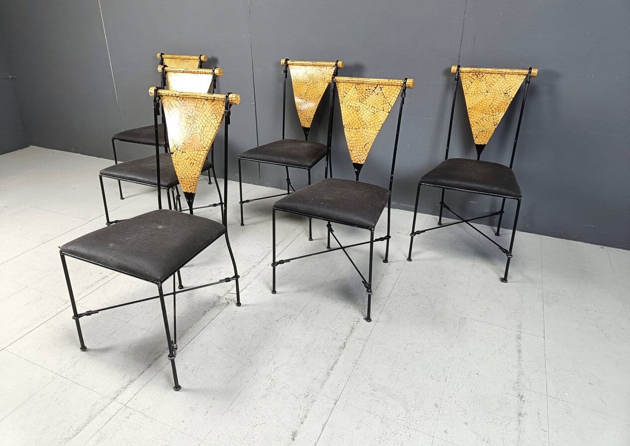 Set of Six Postmodernist Chairs, black metal, golden wood, Belgium, 1970s. - 271591
