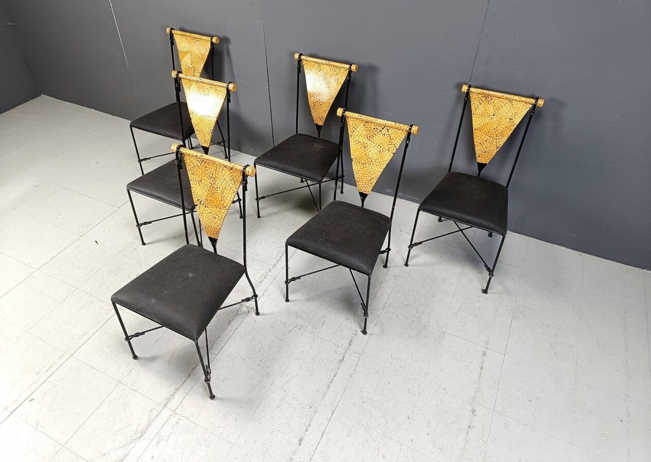 Set of Six Postmodernist Chairs, black metal, golden wood, Belgium, 1970s. - 271592