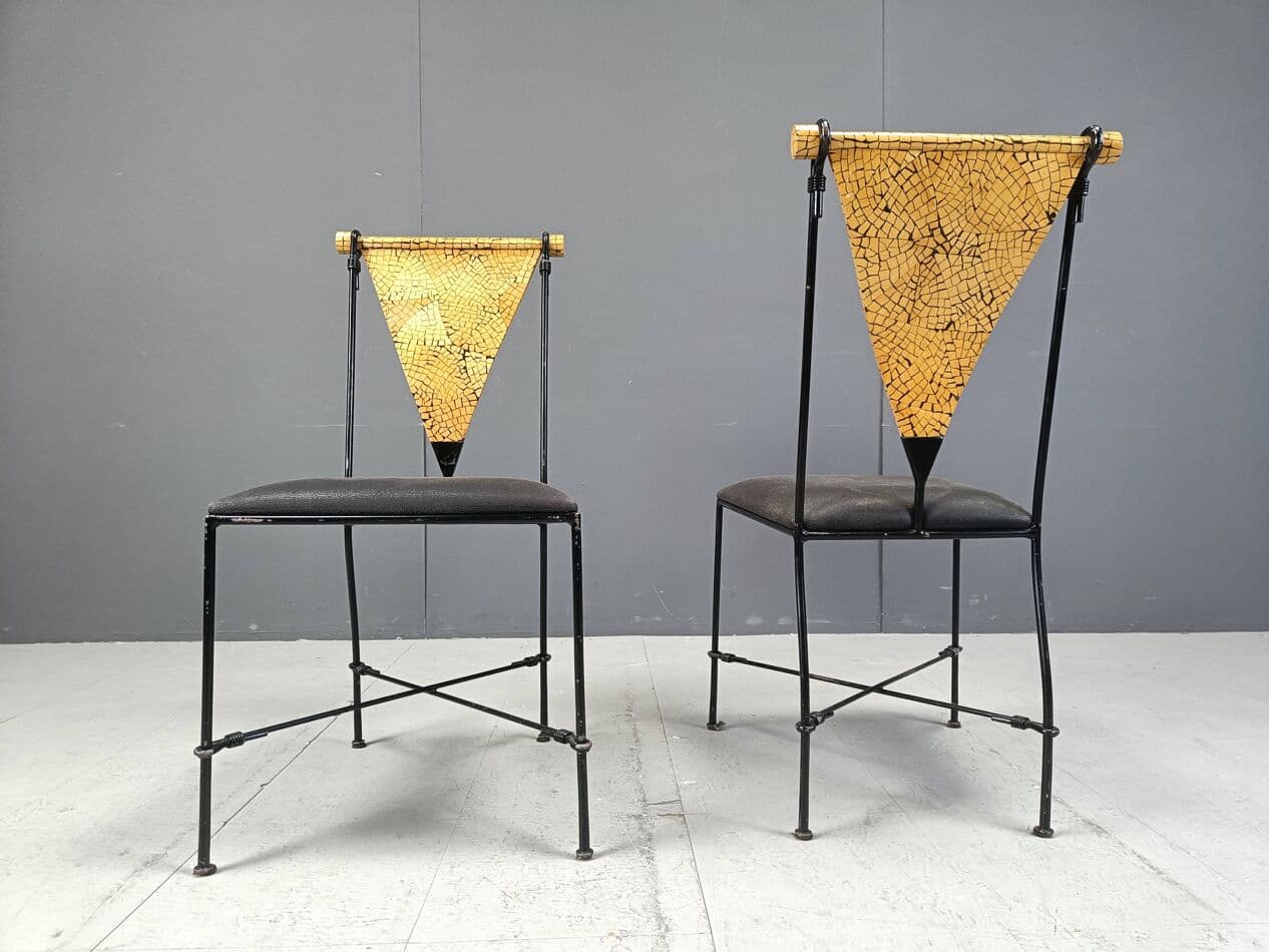 Set of Six Postmodernist Chairs, black metal, golden wood, Belgium, 1970s. - 271583