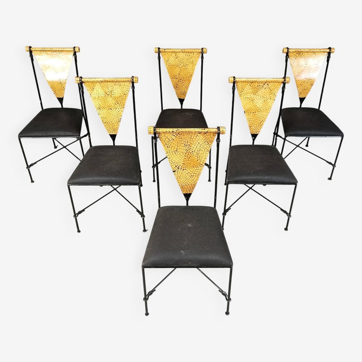 Set of Six Postmodernist Chairs, black metal, golden wood, Belgium, 1970s. - 271585