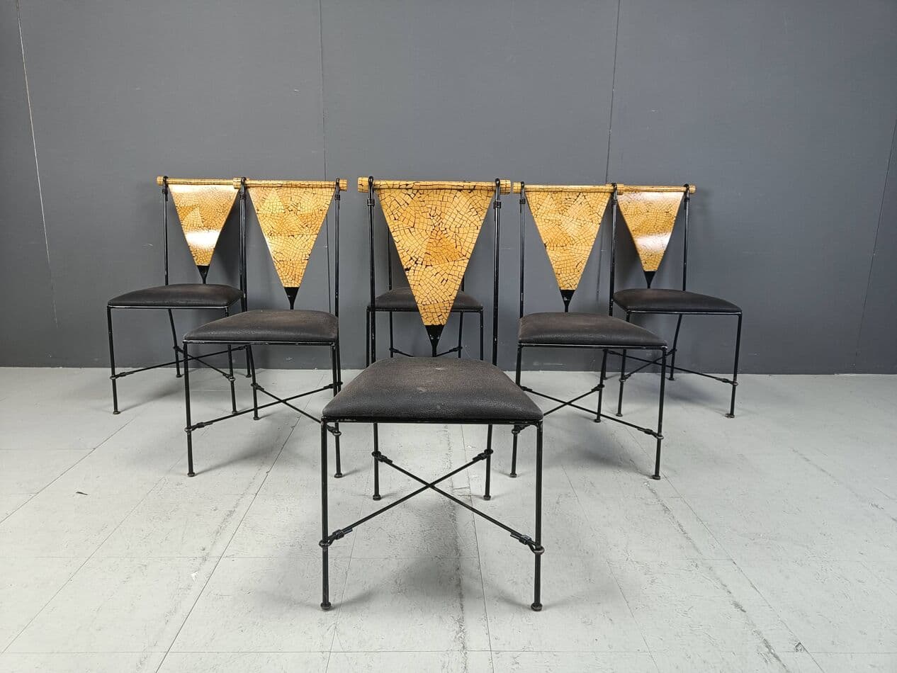 Set of Six Postmodernist Chairs, black metal, golden wood, Belgium, 1970s. - 271587