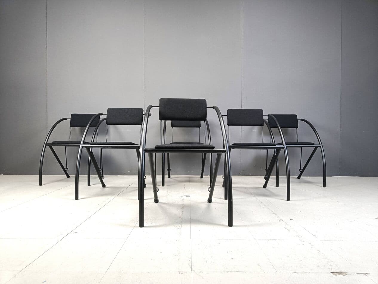 Set of Six Postmodern Dining Chairs, black metal, black fabric, Netherlands, 1980s. - 271552