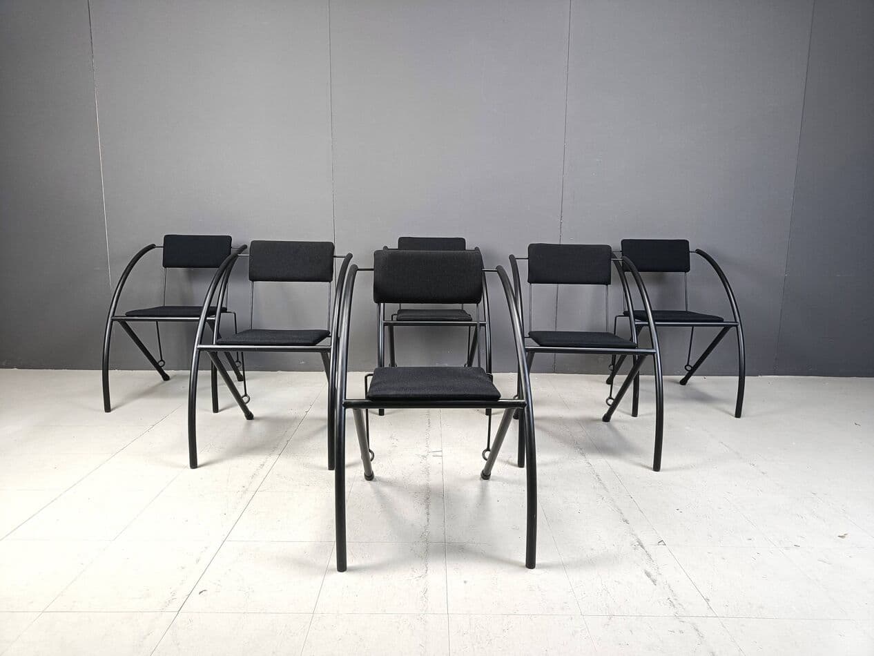 Set of Six Postmodern Dining Chairs, black metal, black fabric, Netherlands, 1980s. - 271551