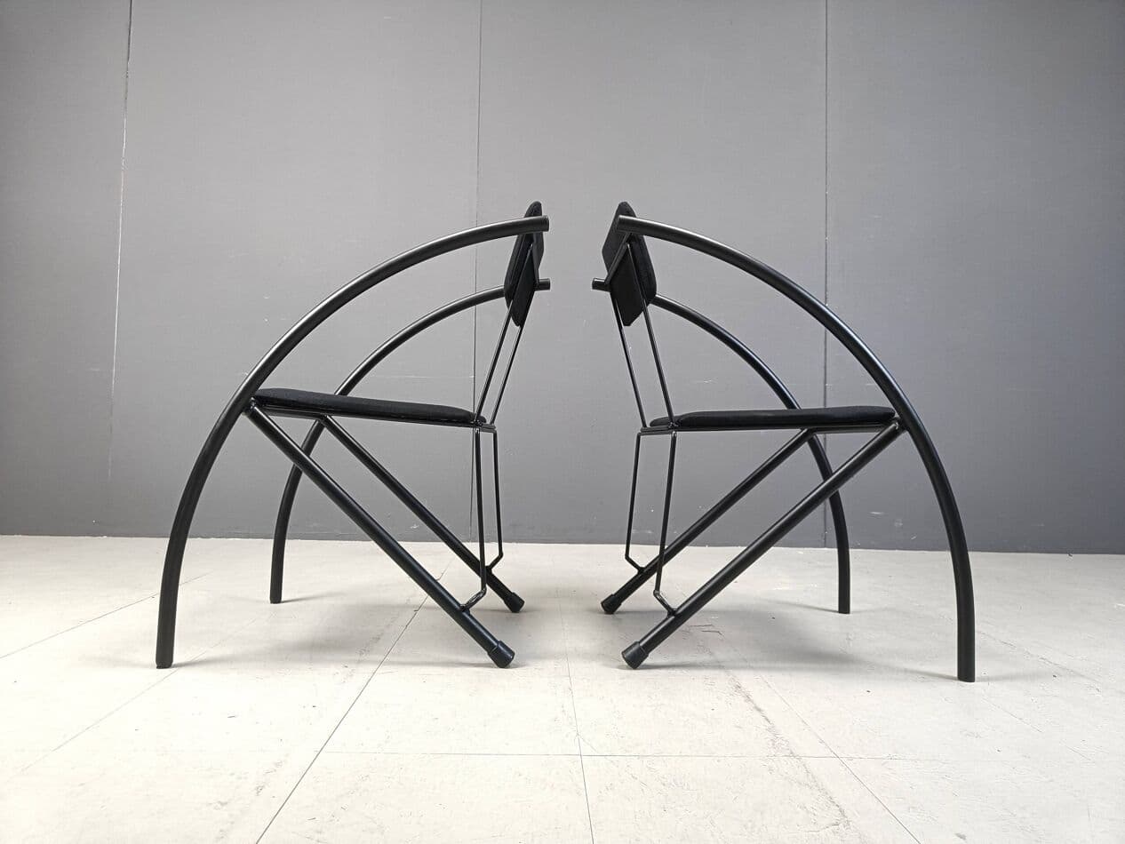 Set of Six Postmodern Dining Chairs, black metal, black fabric, Netherlands, 1980s. - 271556