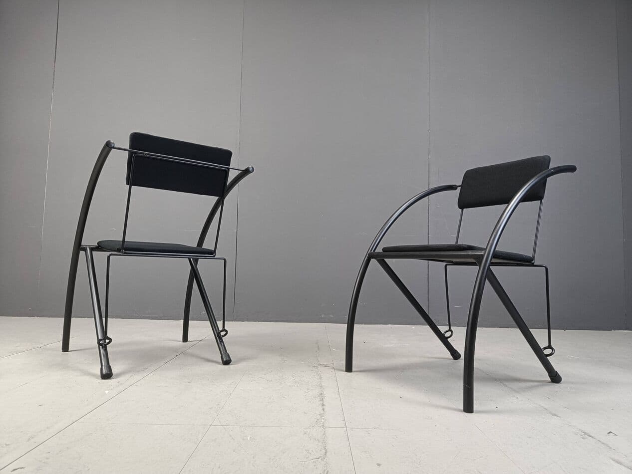 Set of Six Postmodern Dining Chairs, black metal, black fabric, Netherlands, 1980s. - 271555