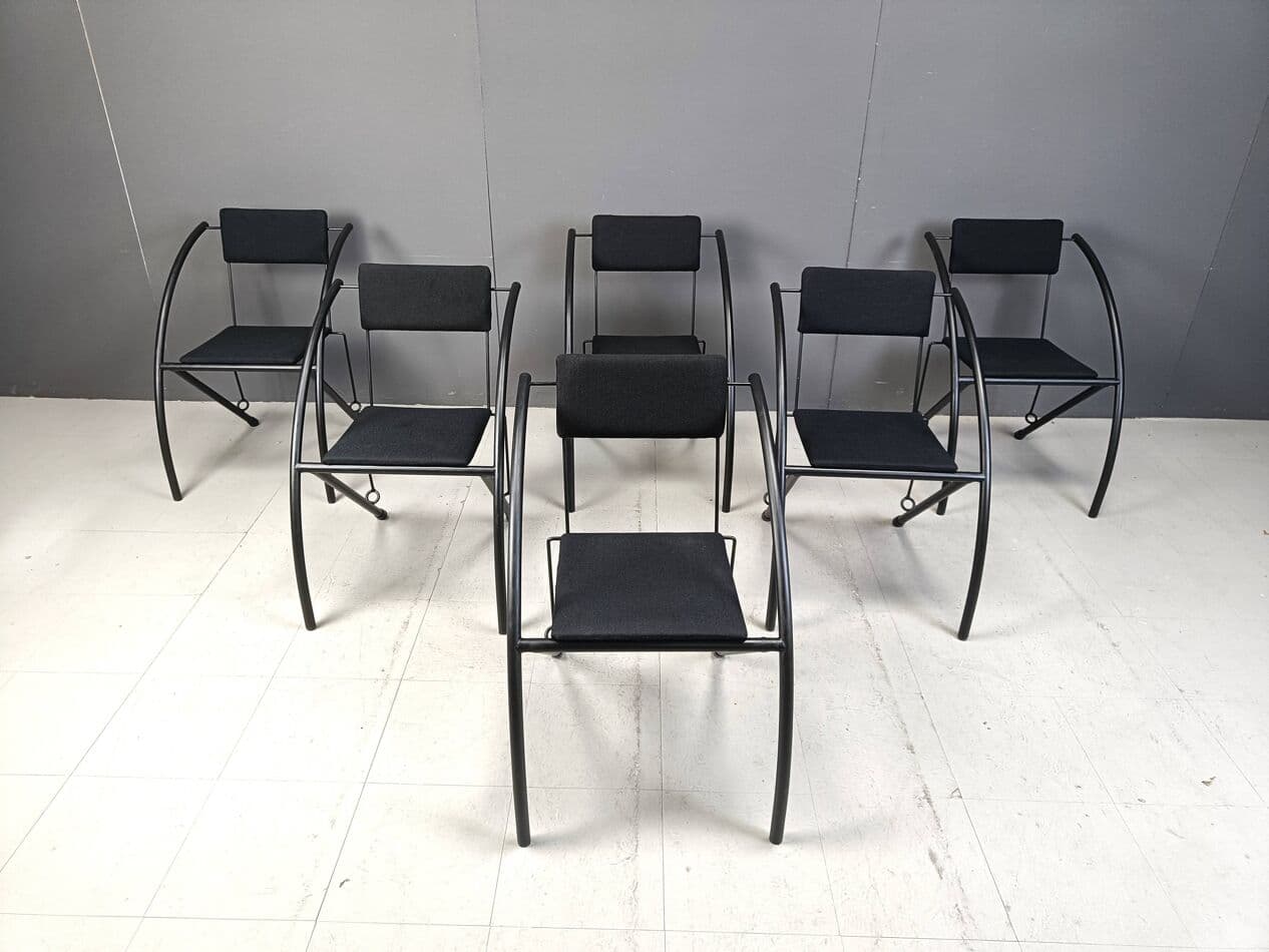 Set of Six Postmodern Dining Chairs, black metal, black fabric, Netherlands, 1980s. - 271550