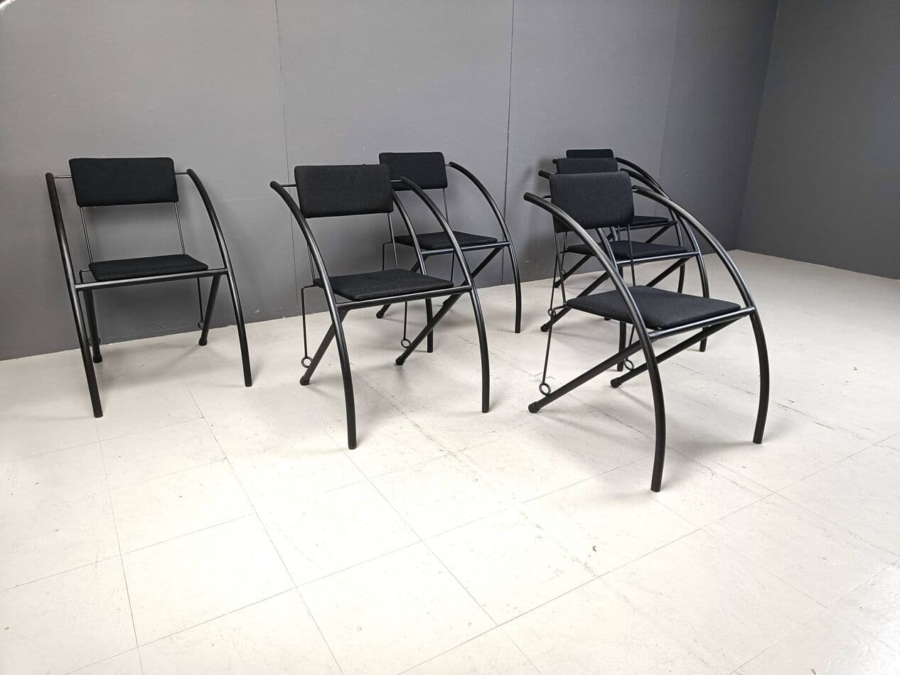 Set of Six Postmodern Dining Chairs, black metal, black fabric, Netherlands, 1980s. - 271554