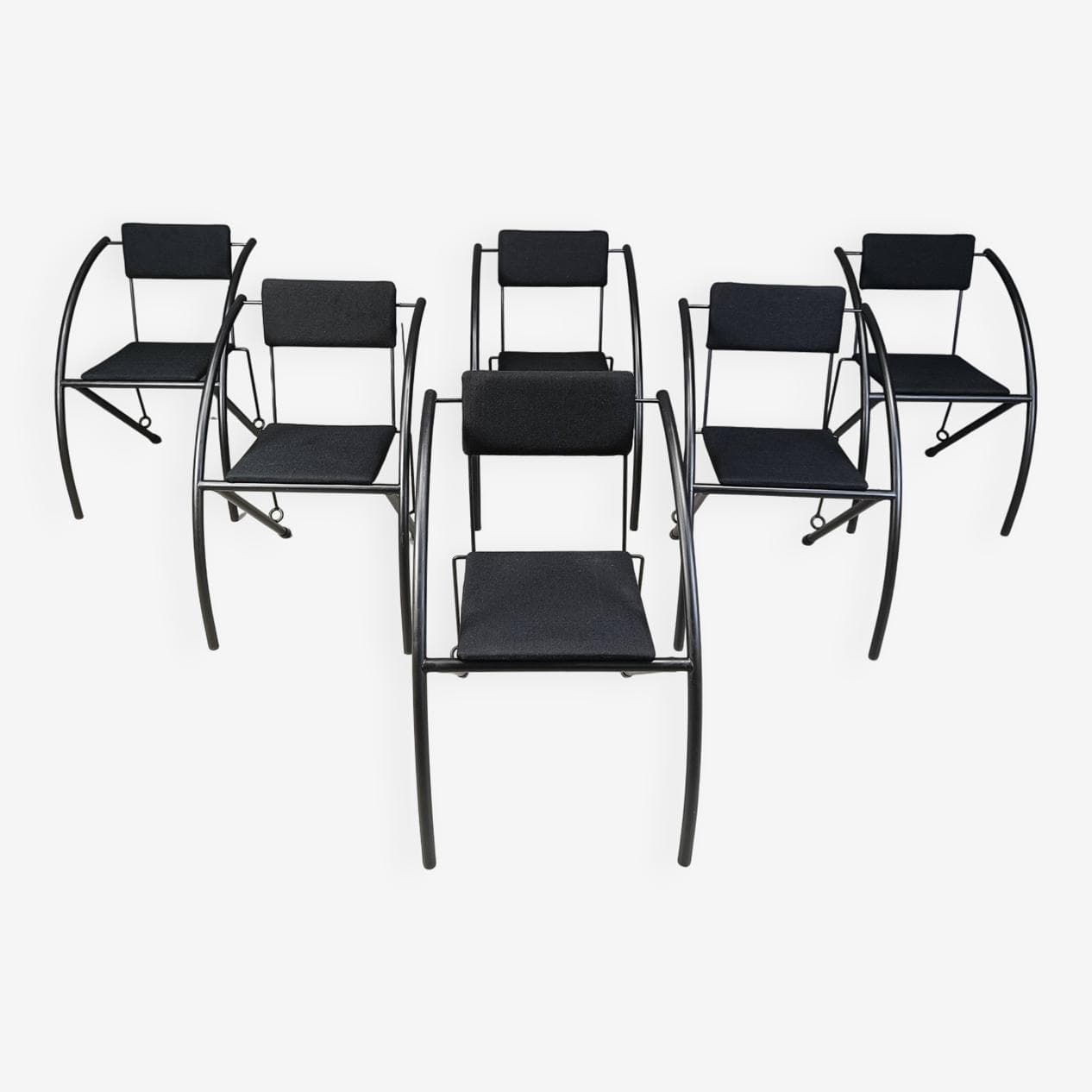 Set of Six Postmodern Dining Chairs, black metal, black fabric, Netherlands, 1980s. - 271558