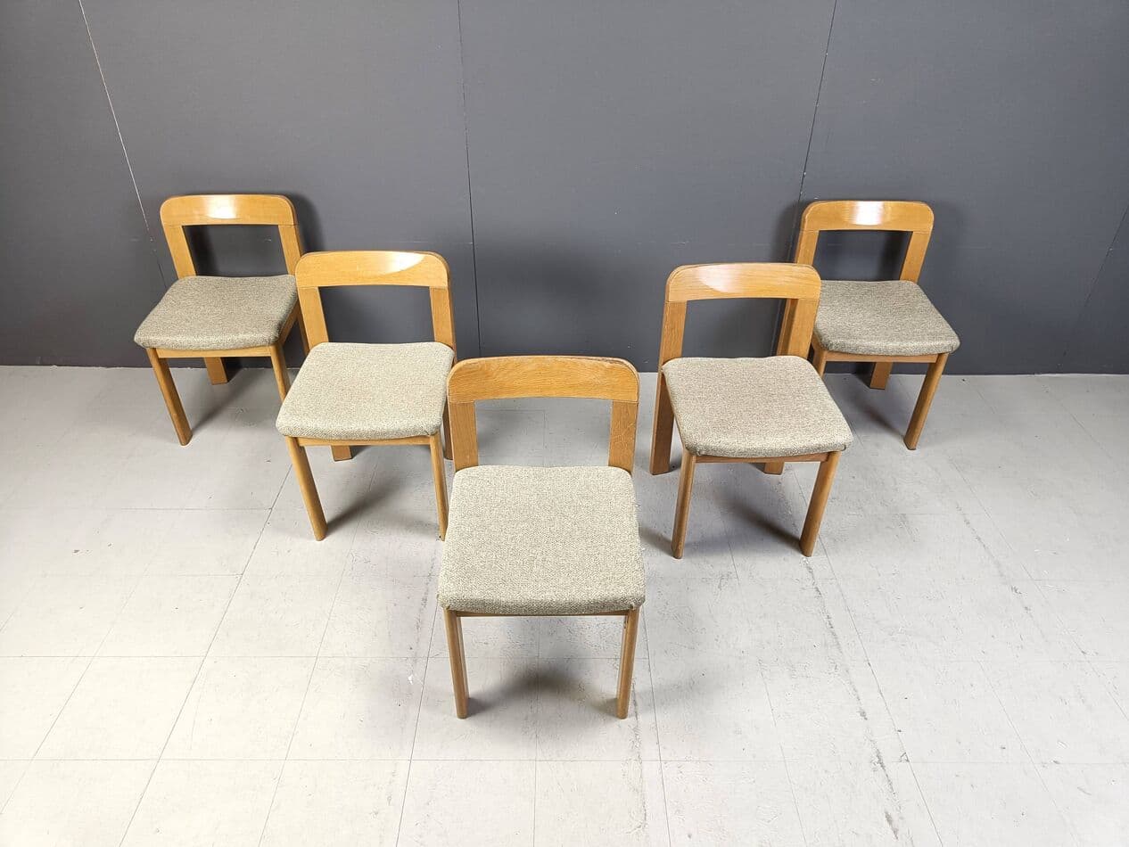 Set of five dining chairs Brutalist, brown wood, light grey fabric, Germany, 1970s. - 271540
