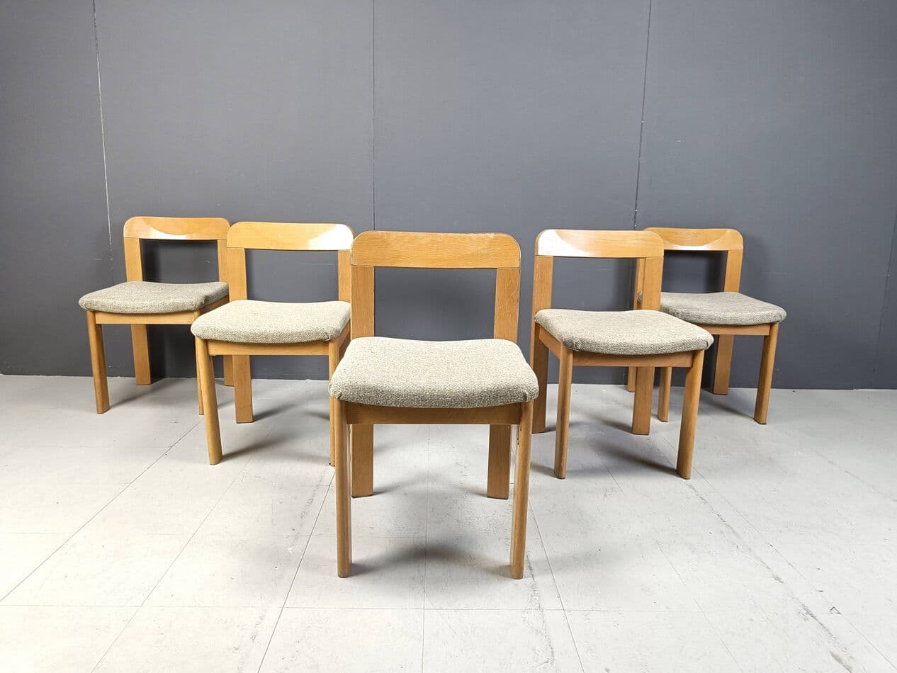 Set of five dining chairs Brutalist, brown wood, light grey fabric, Germany, 1970s. - 271543