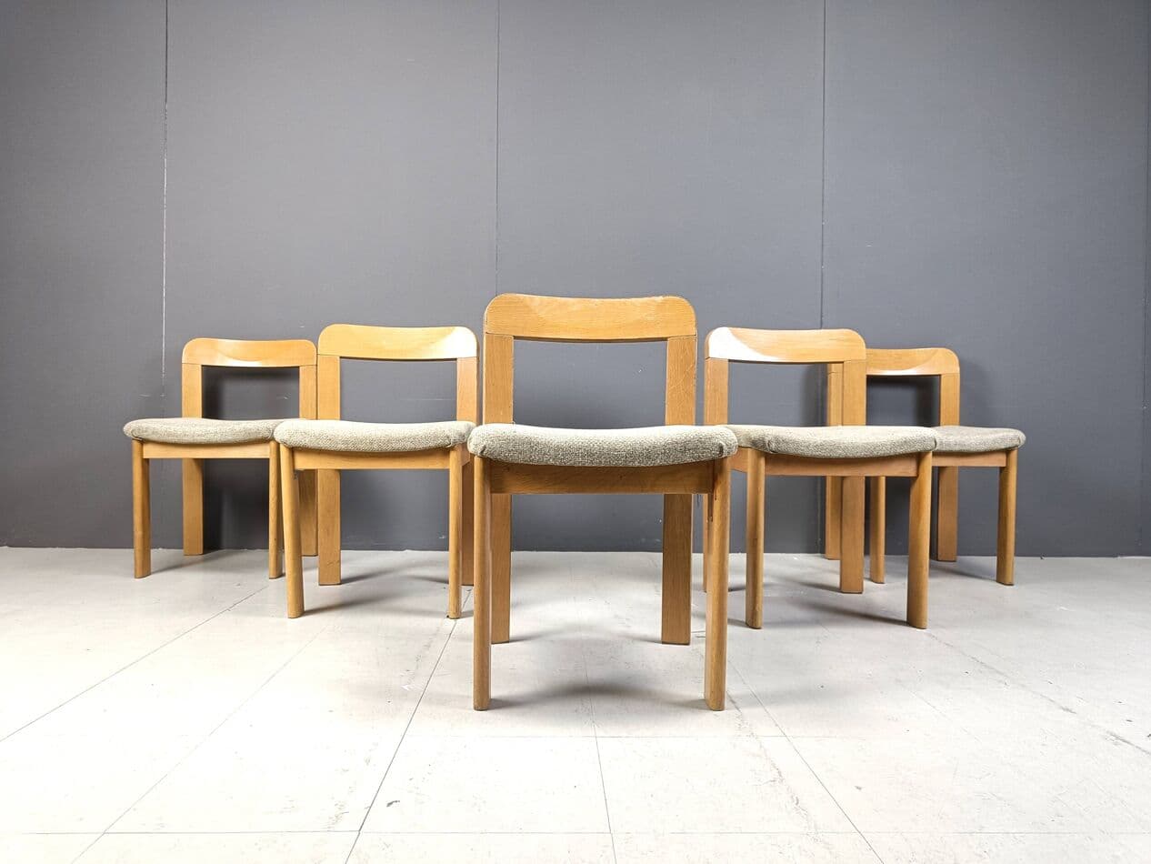 Set of five dining chairs Brutalist, brown wood, light grey fabric, Germany, 1970s. - 271544