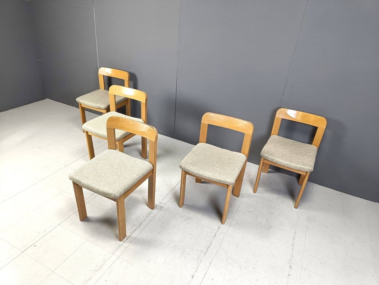 Set of five dining chairs Brutalist, brown wood, light grey fabric, Germany, 1970s. - 271546