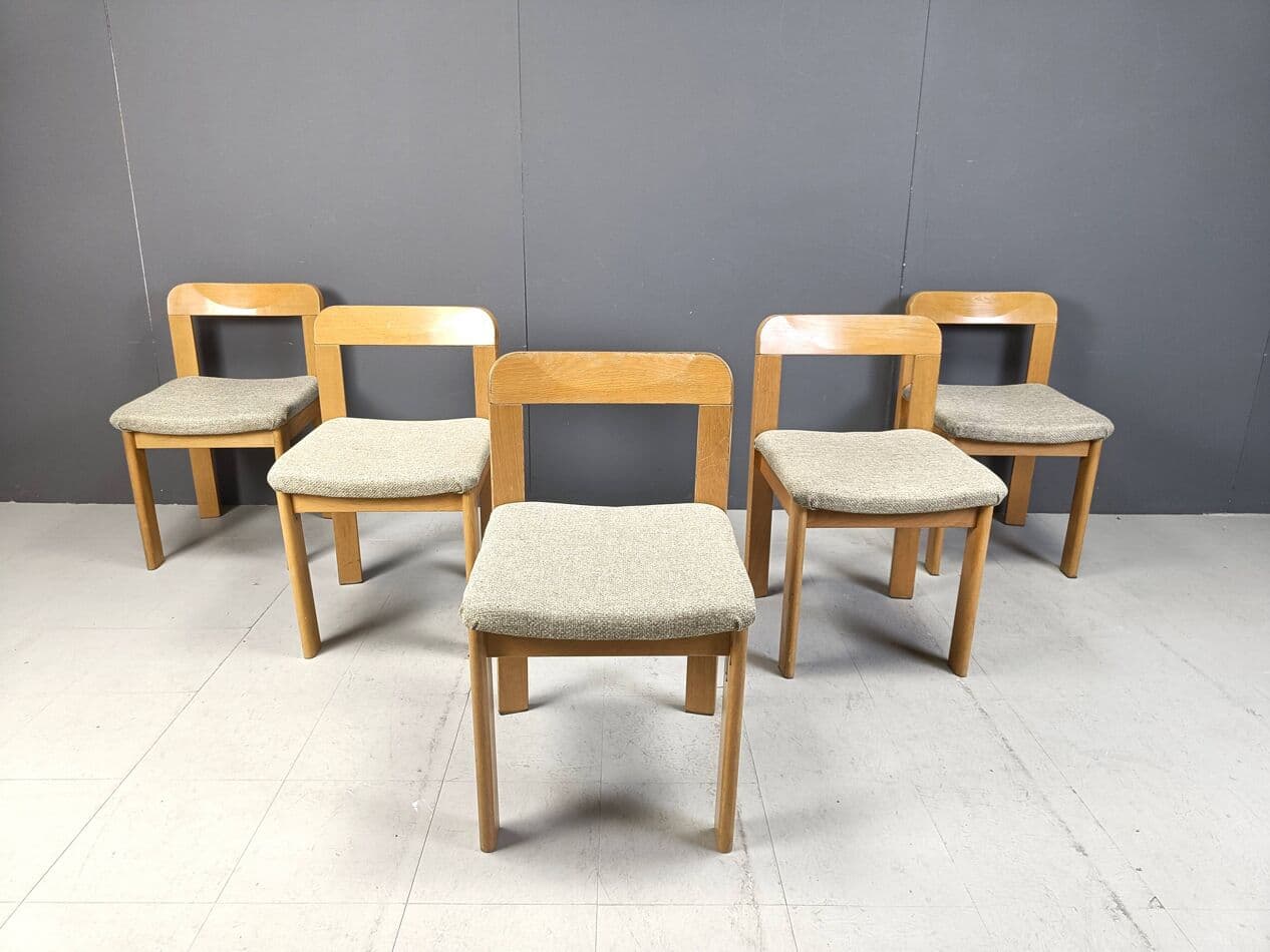 Set of five dining chairs Brutalist, brown wood, light grey fabric, Germany, 1970s. - 271542