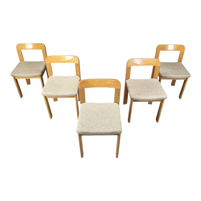 Set of five dining chairs Brutalist, brown wood, light grey fabric, Germany, 1970s.