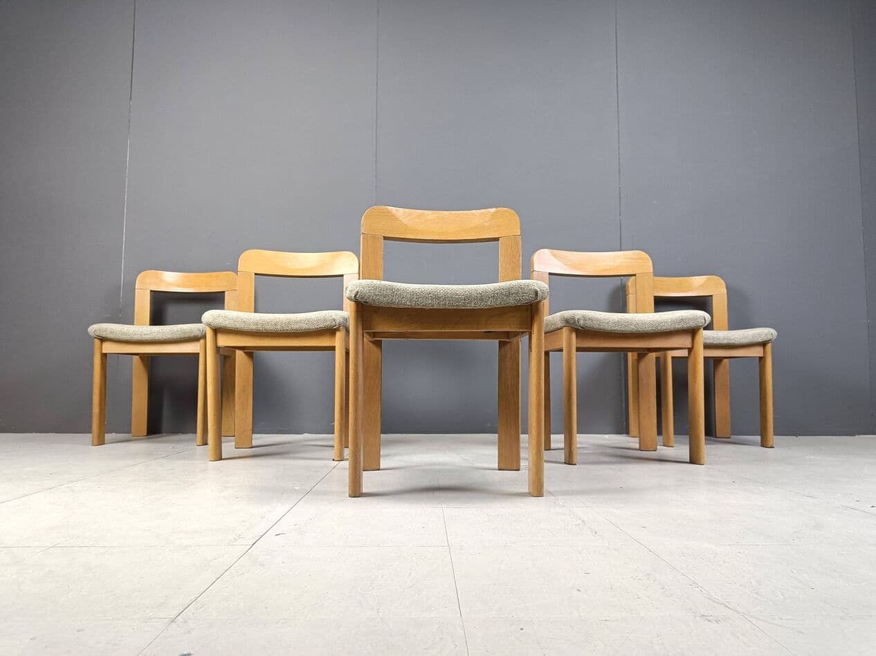 Set of five dining chairs Brutalist, brown wood, light grey fabric, Germany, 1970s. - 271545