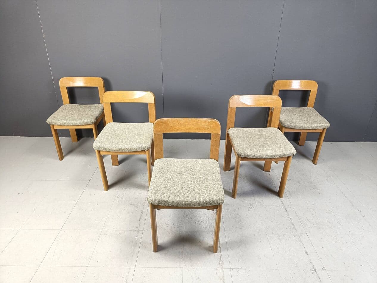 Set of five dining chairs Brutalist, brown wood, light grey fabric, Germany, 1970s. - 271541