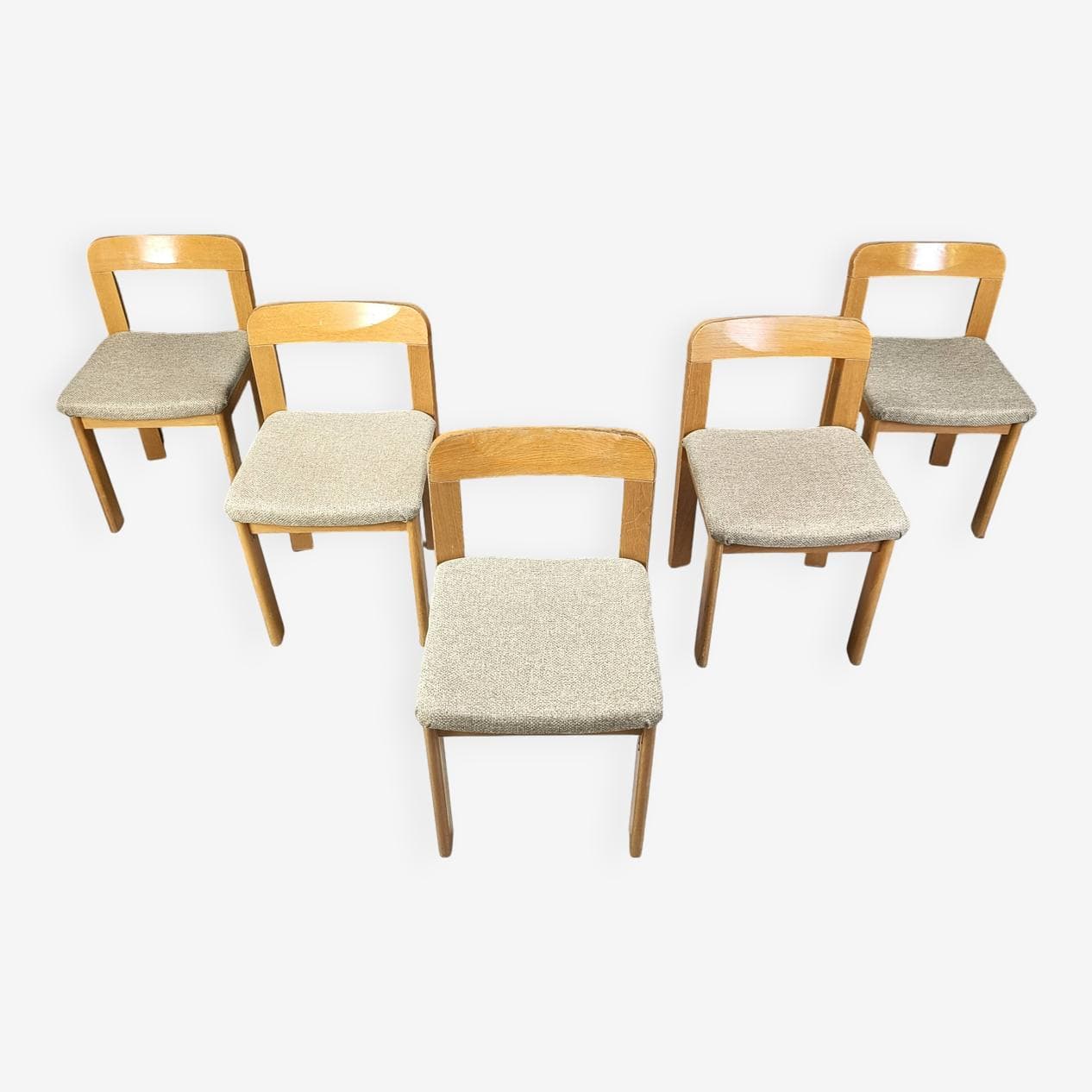 Set of five dining chairs Brutalist, brown wood, light grey fabric, Germany, 1970s. - 271548