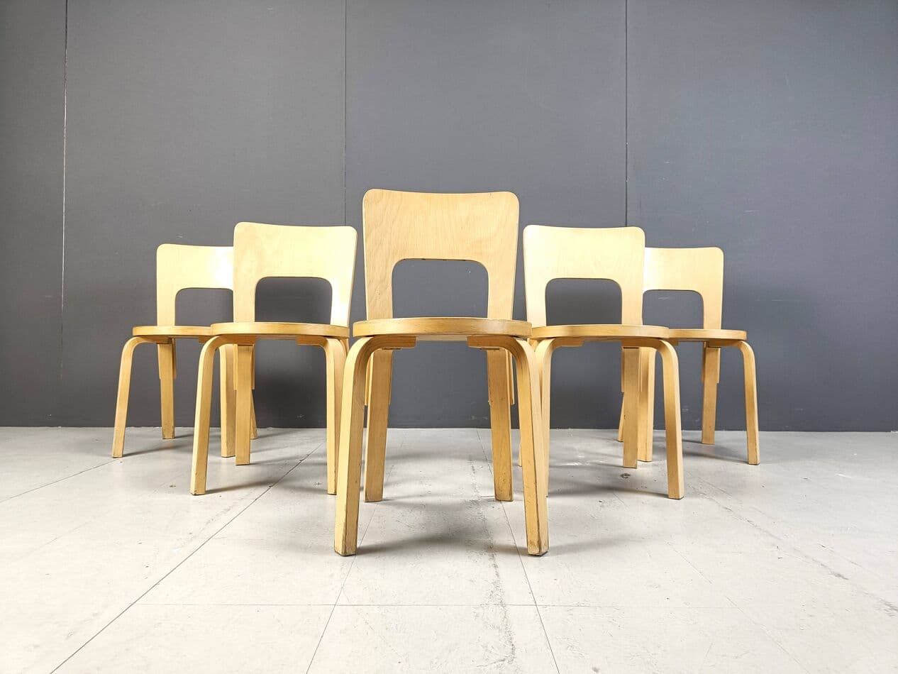 Set of five chairs Model 66, natural beech, navy blue plywood, by A. Aalto, Artek, Finland, 1960s. - 271532