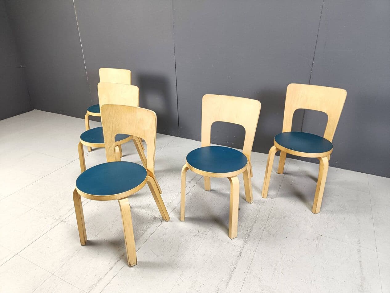 Set of five chairs Model 66, natural beech, navy blue plywood, by A. Aalto, Artek, Finland, 1960s. - 271533