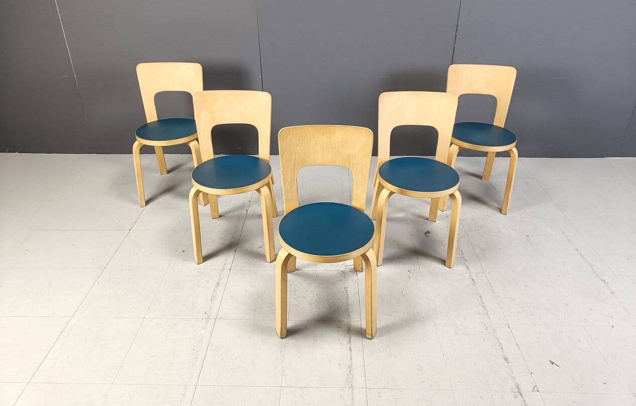 Set of five chairs Model 66, natural beech, navy blue plywood, by A. Aalto, Artek, Finland, 1960s. - 271529