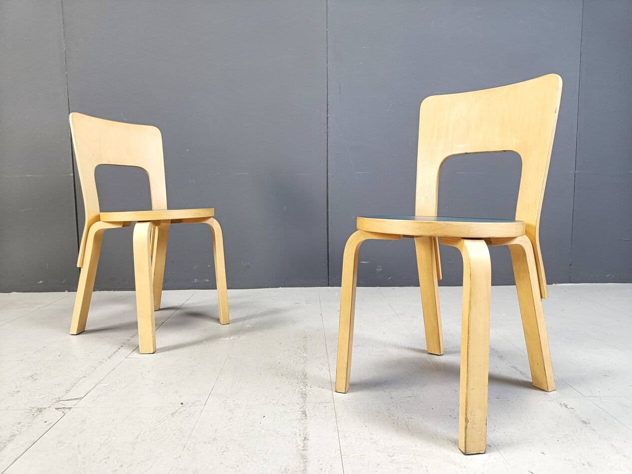 Set of five chairs Model 66, natural beech, navy blue plywood, by A. Aalto, Artek, Finland, 1960s. - 271538