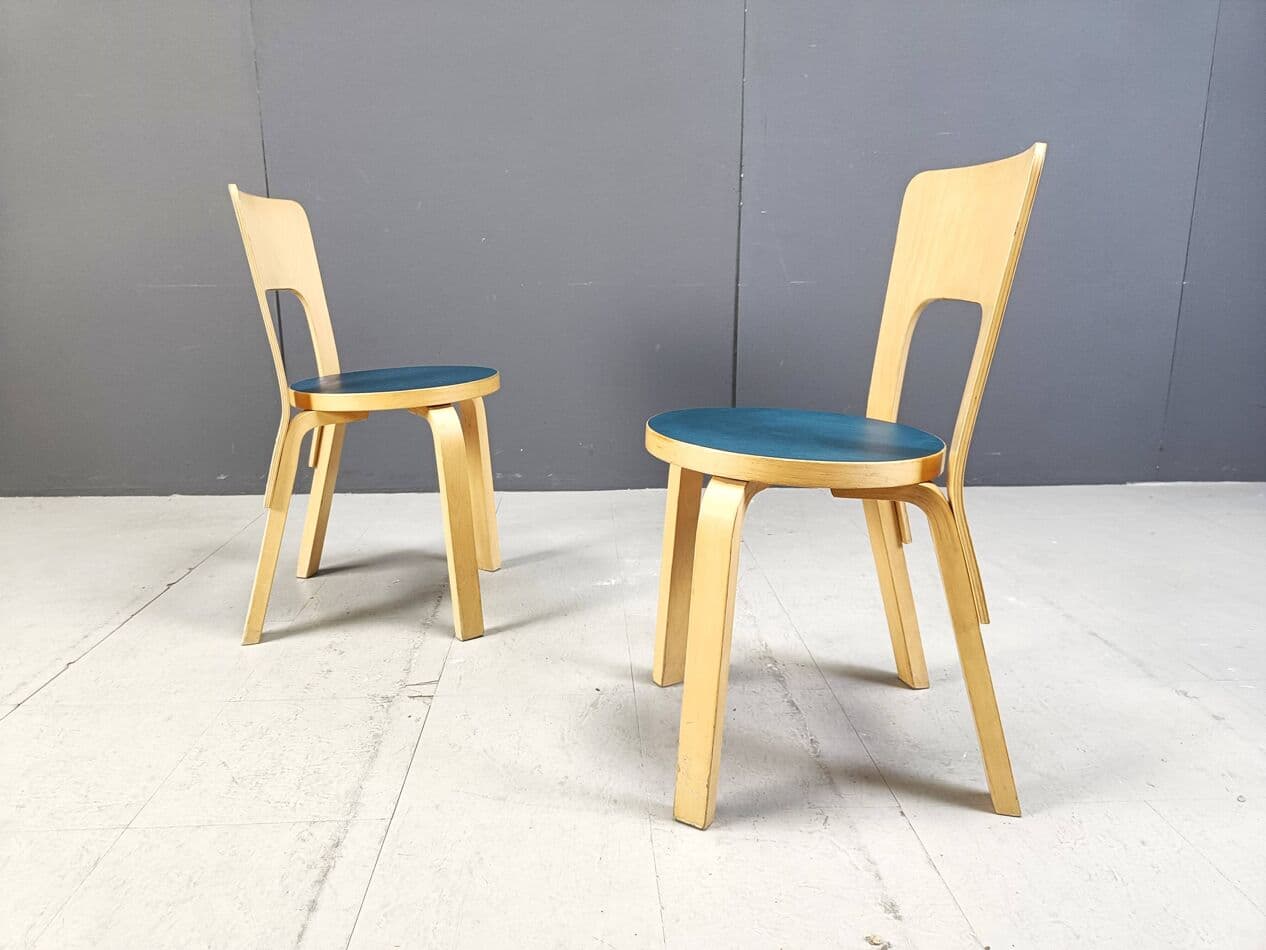Set of five chairs Model 66, natural beech, navy blue plywood, by A. Aalto, Artek, Finland, 1960s. - 271527