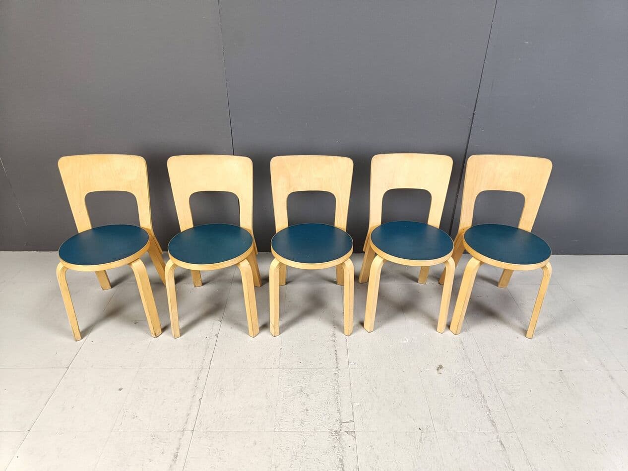 Set of five chairs Model 66, natural beech, navy blue plywood, by A. Aalto, Artek, Finland, 1960s. - 271536