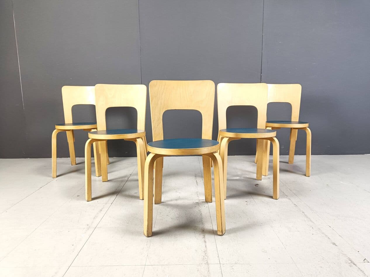 Set of five chairs Model 66, natural beech, navy blue plywood, by A. Aalto, Artek, Finland, 1960s. - 271531
