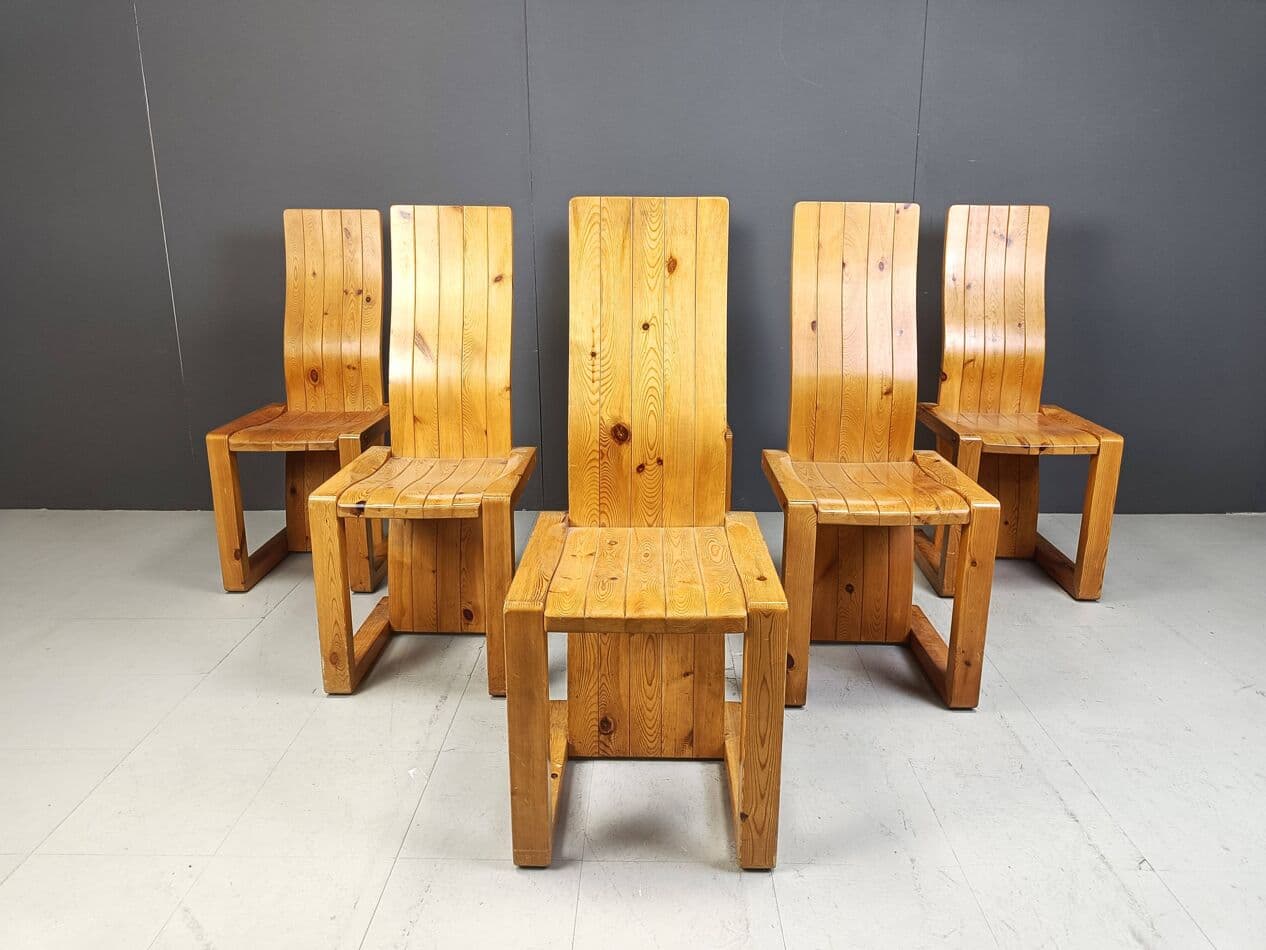 Set of six chairs, brown pine, Finland, 1970s. - 271462