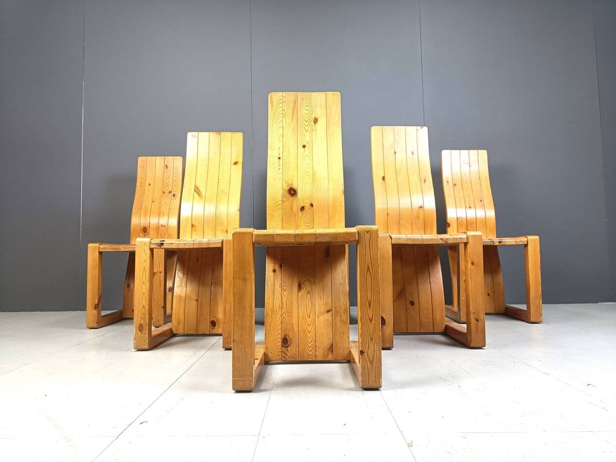 Set of six chairs, brown pine, Finland, 1970s. - 271464