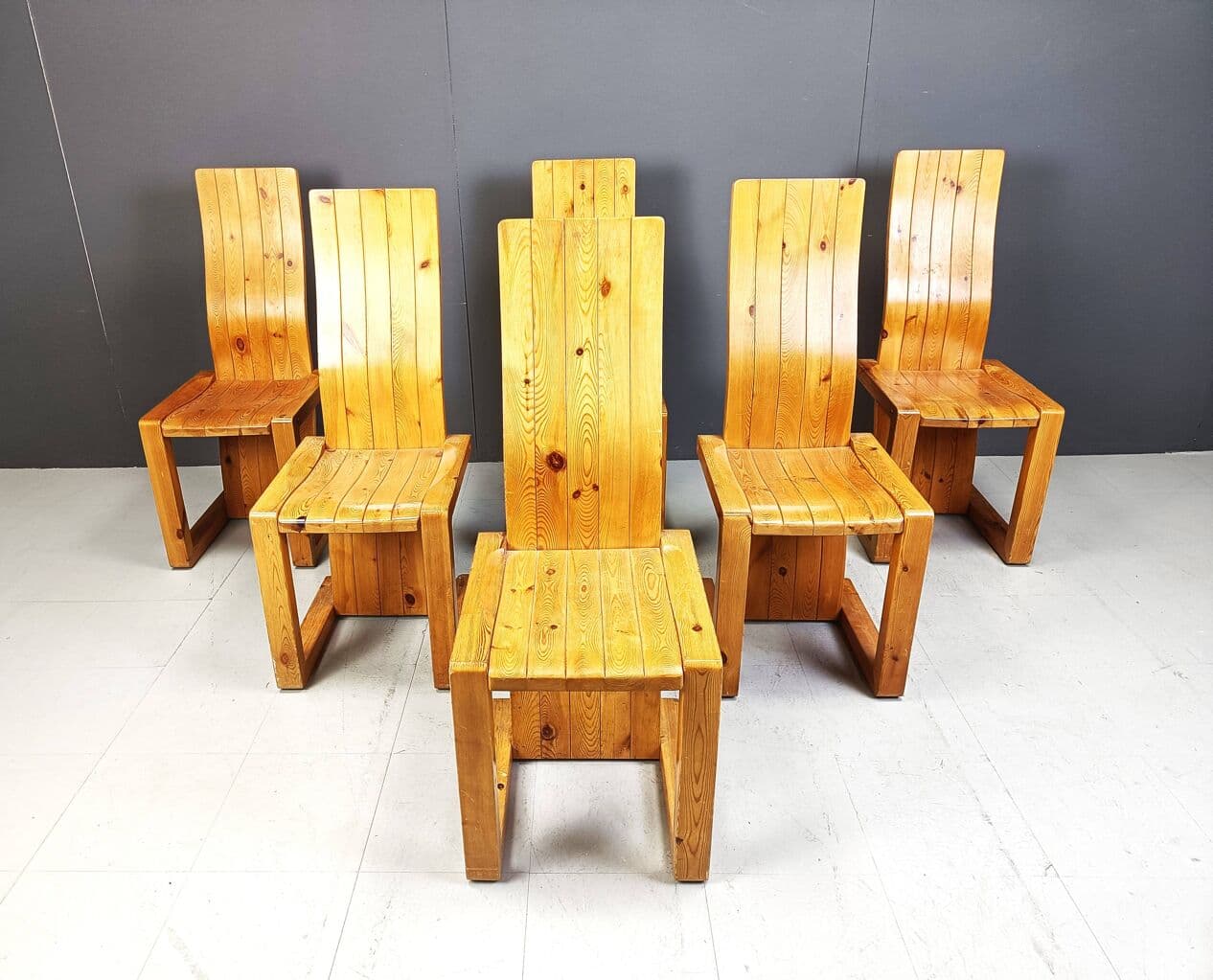 Set of six chairs, brown pine, Finland, 1970s. - 271461