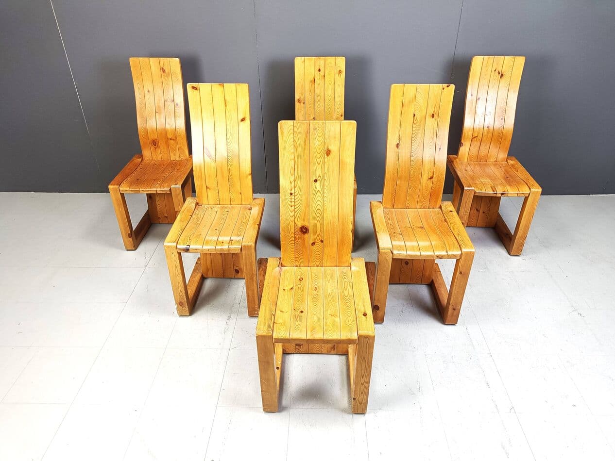 Set of six chairs, brown pine, Finland, 1970s. - 271458