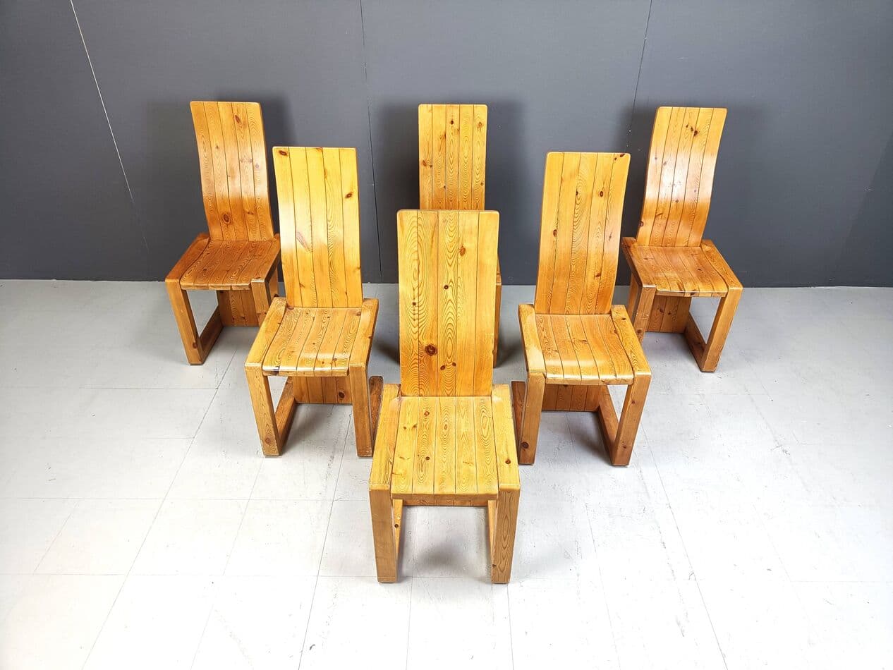Set of six chairs, brown pine, Finland, 1970s. - 271459