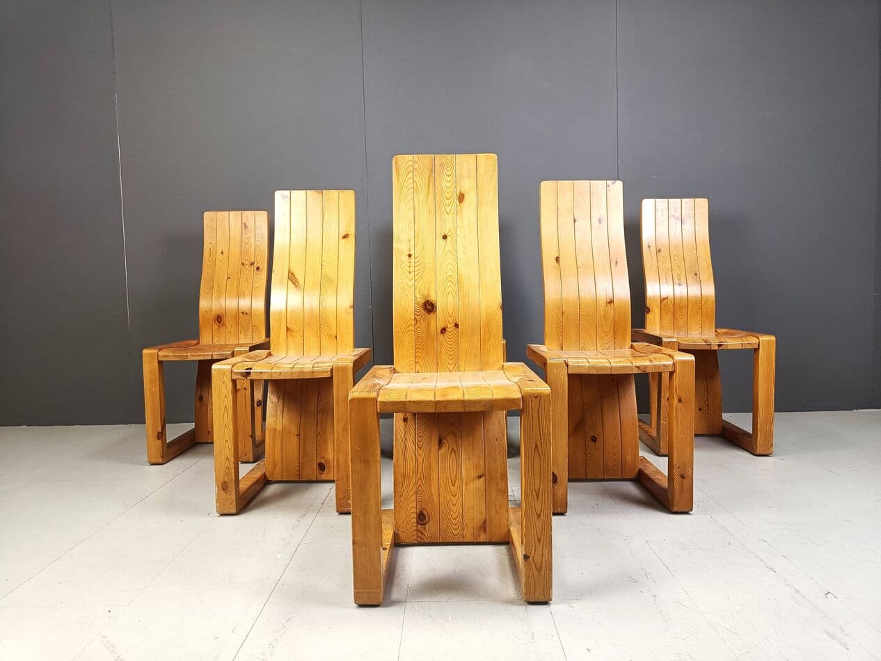 Set of six chairs, brown pine, Finland, 1970s. - 271463