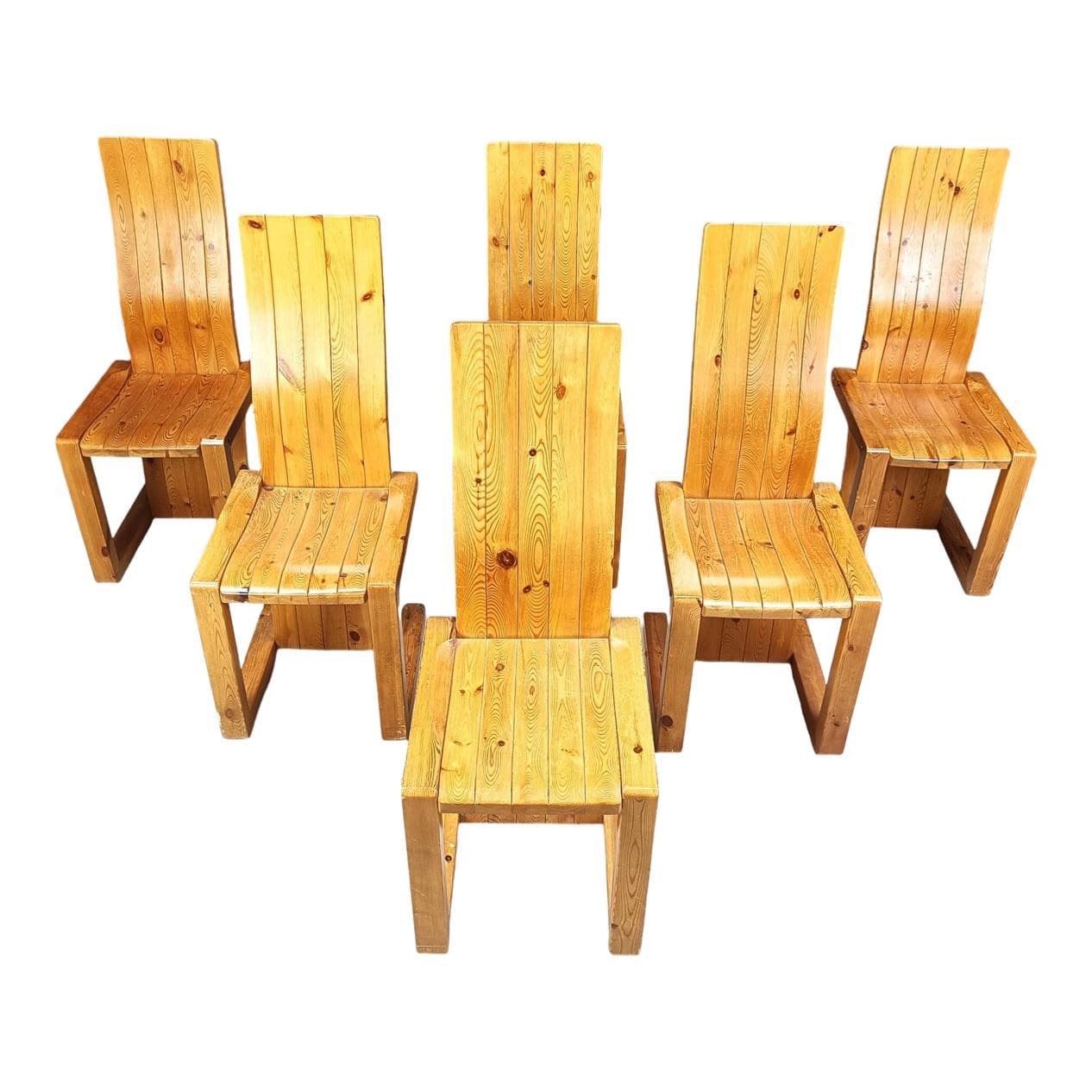 Set of six chairs, brown pine, Finland, 1970s.