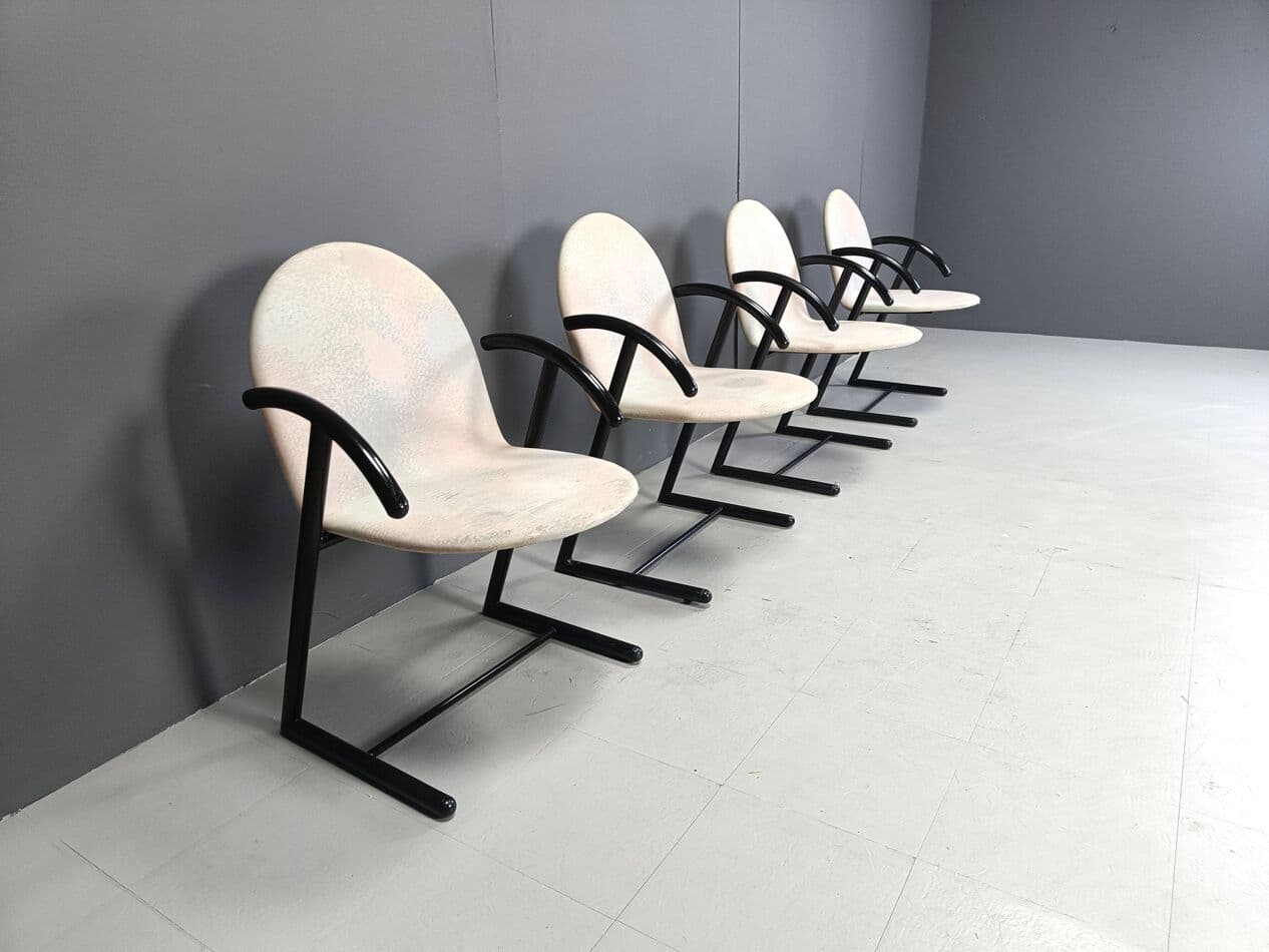 Set of Four Postmodern Dining Chairs, black metal, grey fabric, Belgium, 1980s. - 271441