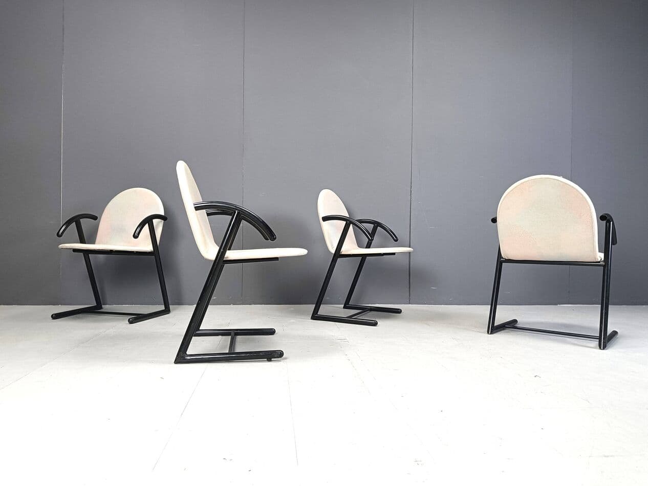Set of Four Postmodern Dining Chairs, black metal, grey fabric, Belgium, 1980s. - 271442