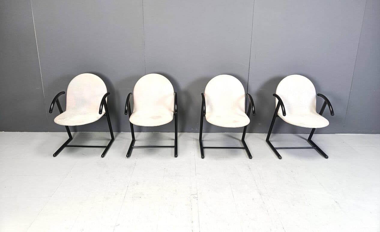 Set of Four Postmodern Dining Chairs, black metal, grey fabric, Belgium, 1980s. - 271446