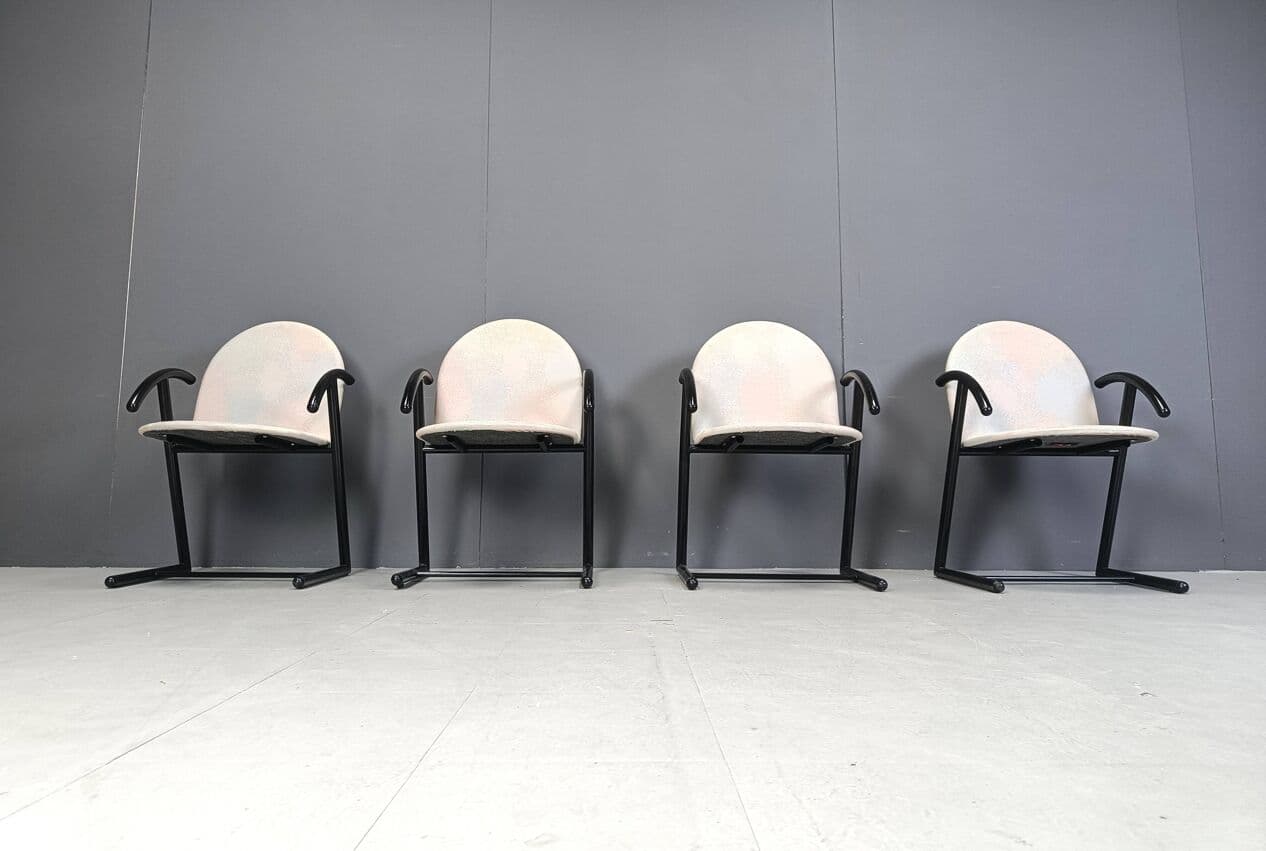 Set of Four Postmodern Dining Chairs, black metal, grey fabric, Belgium, 1980s. - 271439