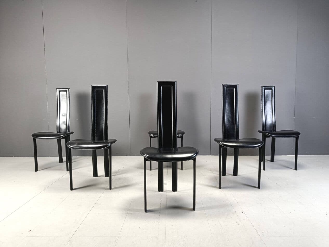 Set of six dining chairs, postmodern, black leather, black metal, Cattelan Italy, Italy, 1980s. - 271431