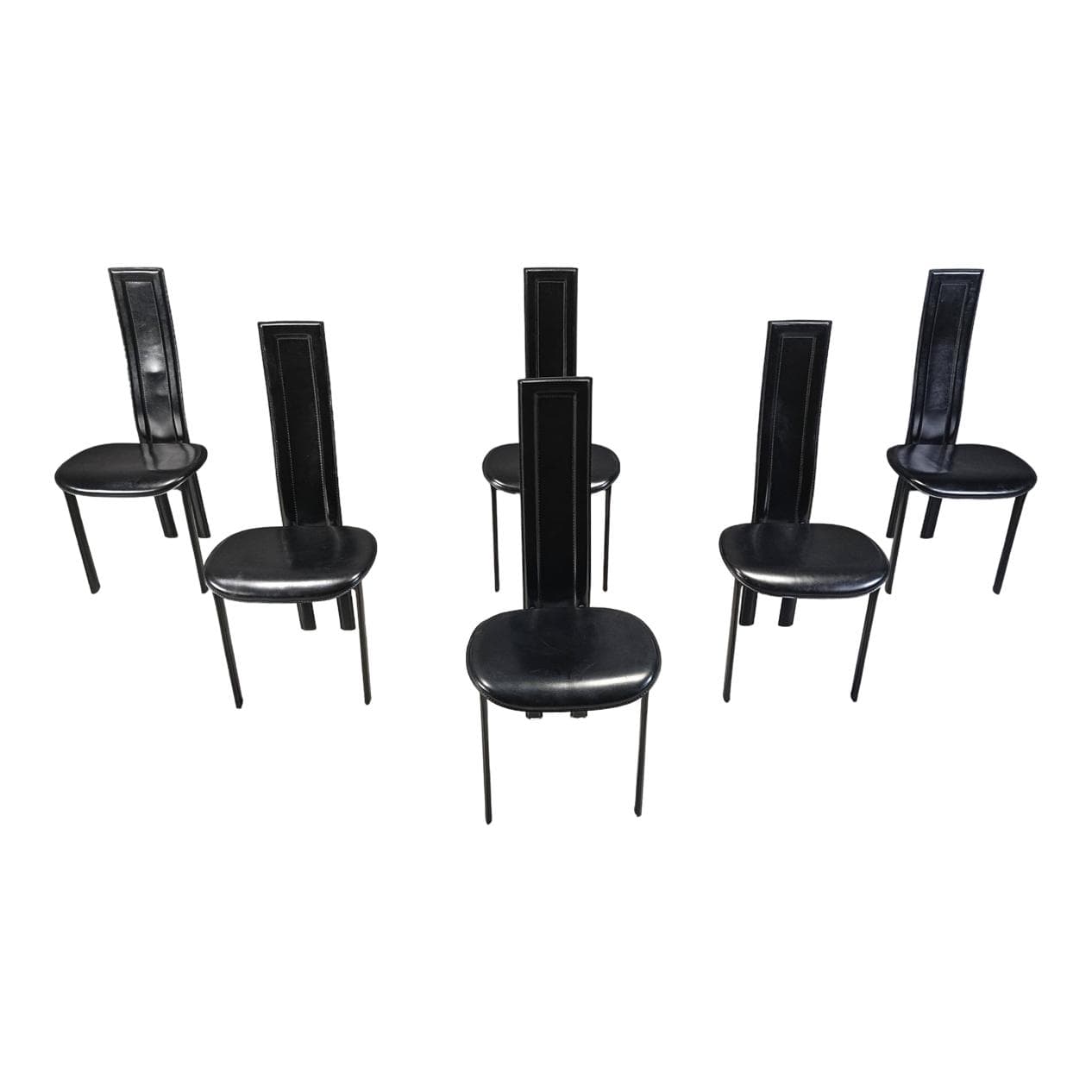 Set of six dining chairs, postmodern, black leather, black metal, Cattelan Italy, Italy, 1980s.
