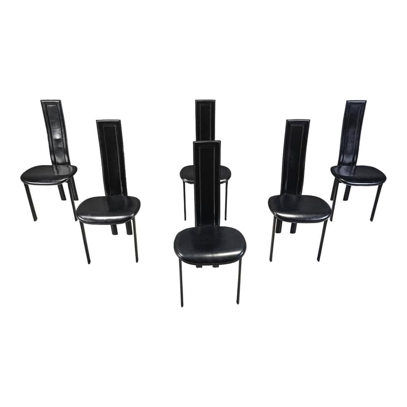 Set of six dining chairs, postmodern, black leather, black metal, Cattelan Italy, Italy, 1980s.