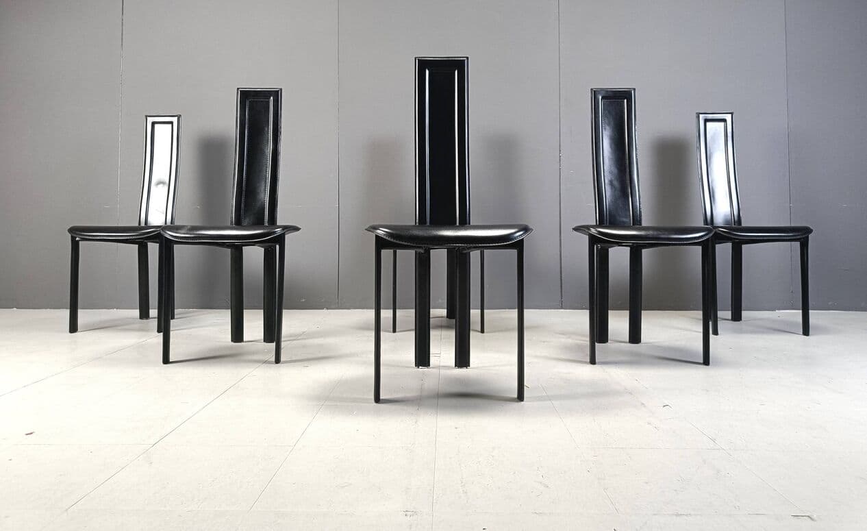 Set of six dining chairs, postmodern, black leather, black metal, Cattelan Italy, Italy, 1980s. - 271432