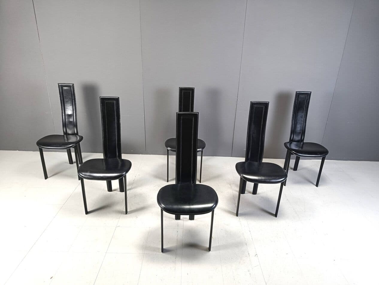 Set of six dining chairs, postmodern, black leather, black metal, Cattelan Italy, Italy, 1980s. - 271429